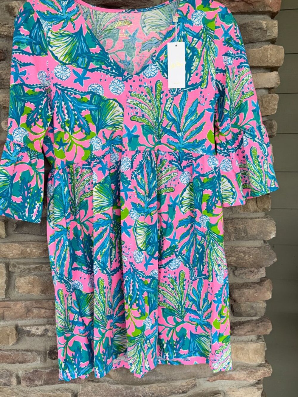 Lilly Pulitzer Jannie V-Neck Dress Large Mandevilla Baby Hip Nautic 3/4 Slv NWT